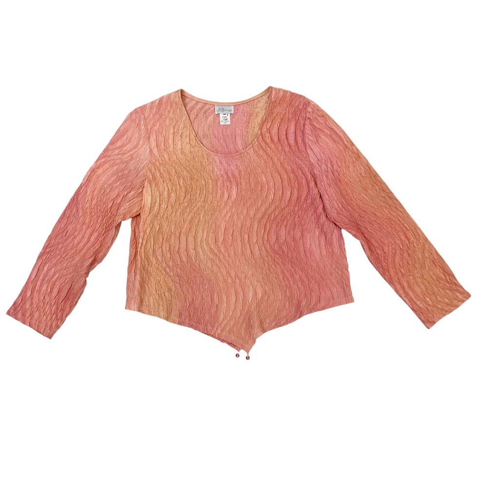 Kay Chapman Silk Blouse Peach Pink Ombre Asymmetrical Hem Beaded Artsy MEDIUM